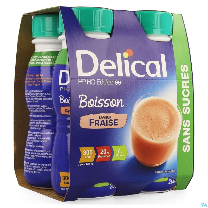 Delical Melkdrank Hp-hc Z/suiker Aardbei 4x200ml